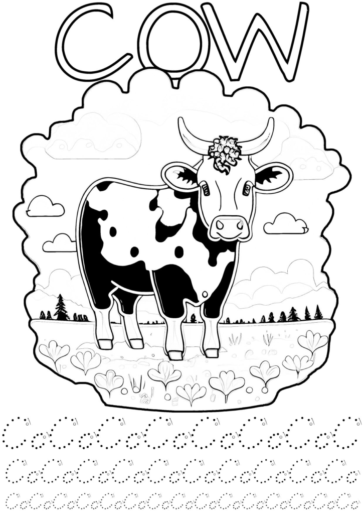Animal Alphabet - C is for Cow- Coloring Page and dotted tracing letters.